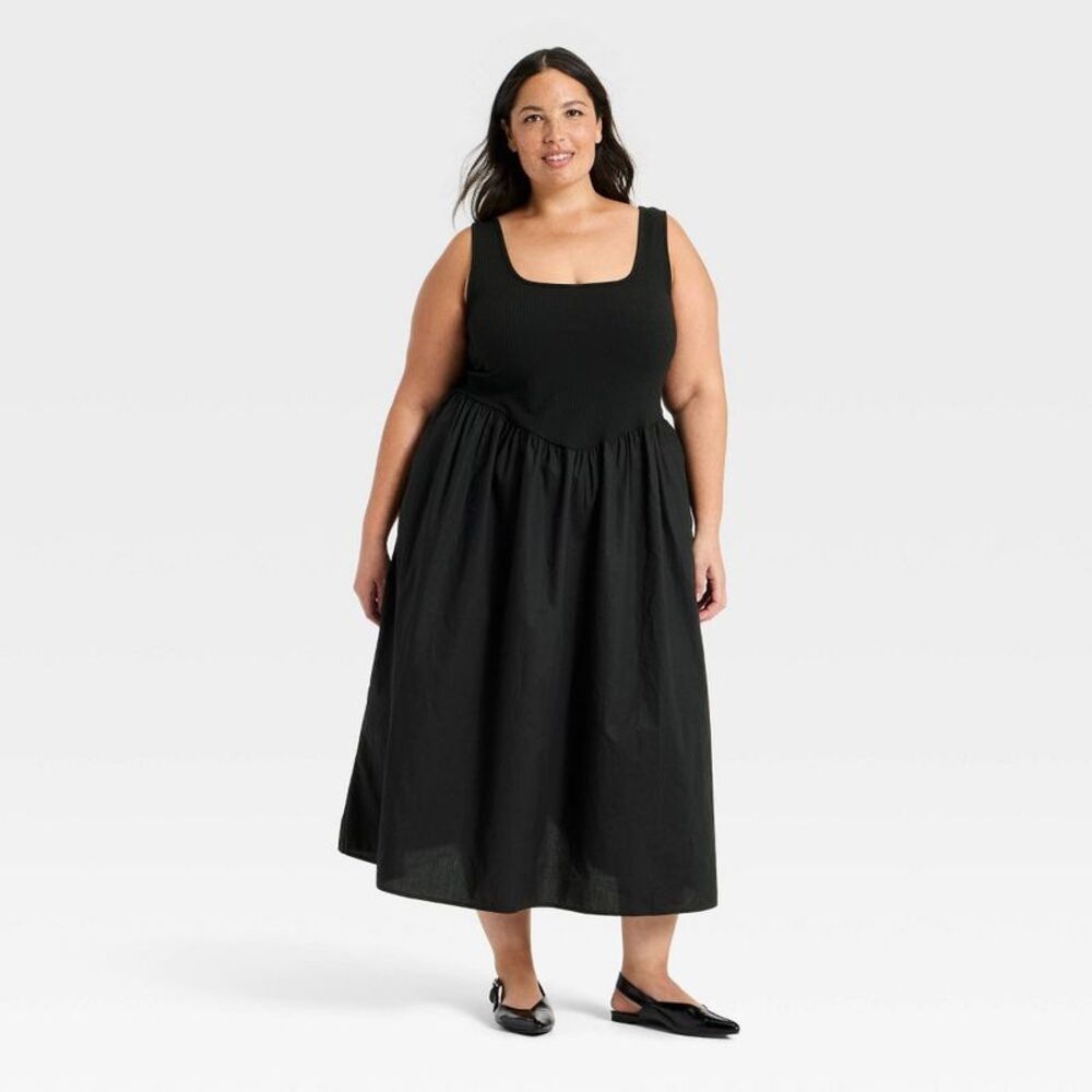 Women's Pullover Knit to Woven Midi Dress - A New Day Black 4X